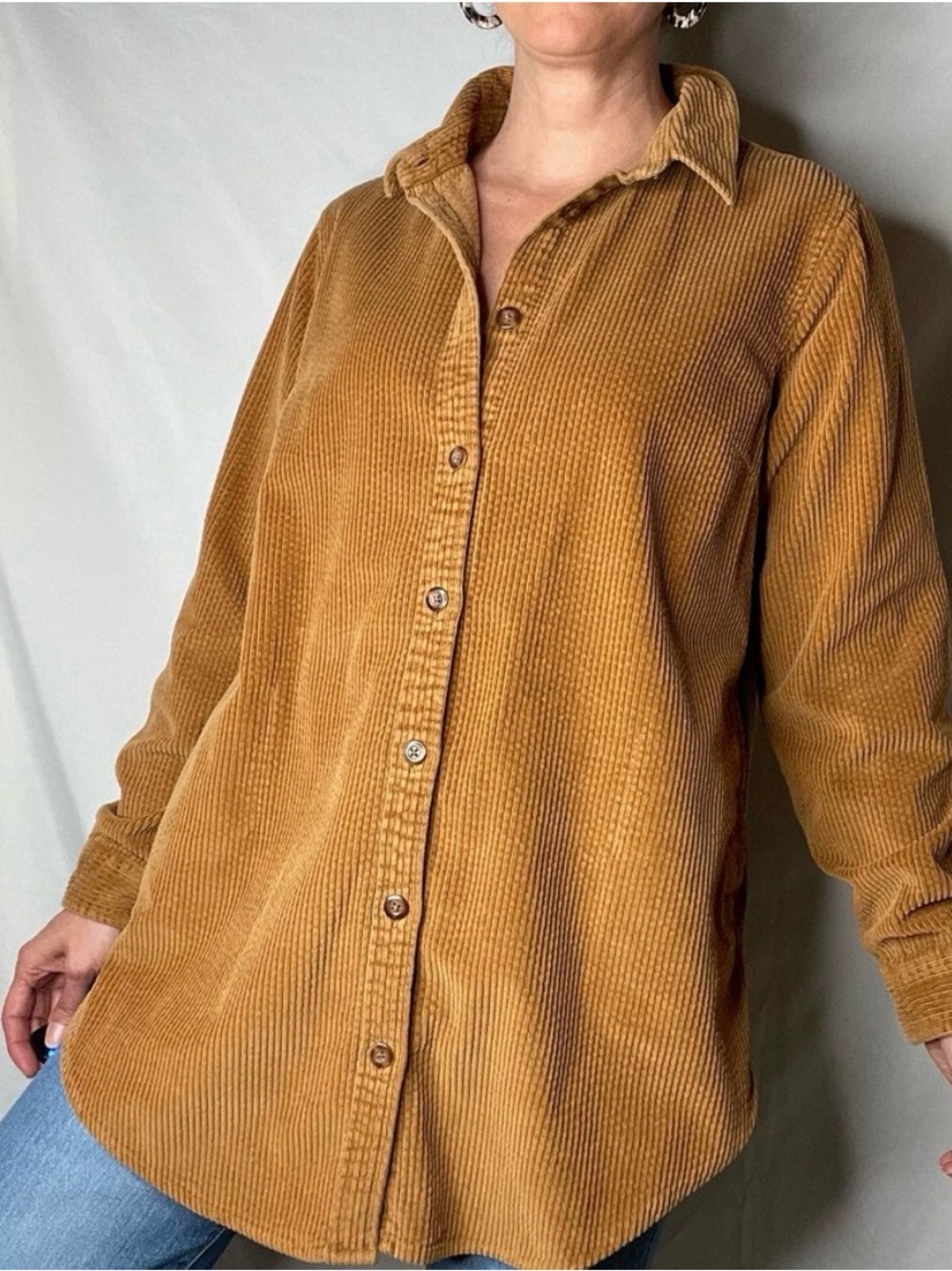 L.L. Bean Caramel Corduroy Shirt Jacket Shacket Long Tunic Button Down Sz XS - Picture 2 of 13